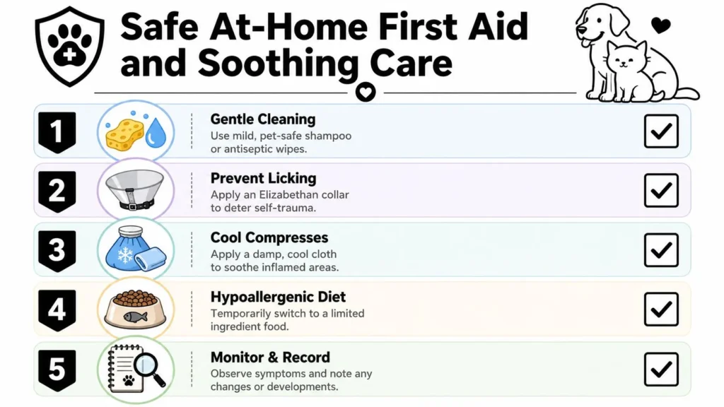 Rash in Dogs: A Pet Owner's Guide to Causes and Care Infographic with five at-home dog rash care tips: cleaning, preventing licking, cool compresses, diet, and monitoring.
