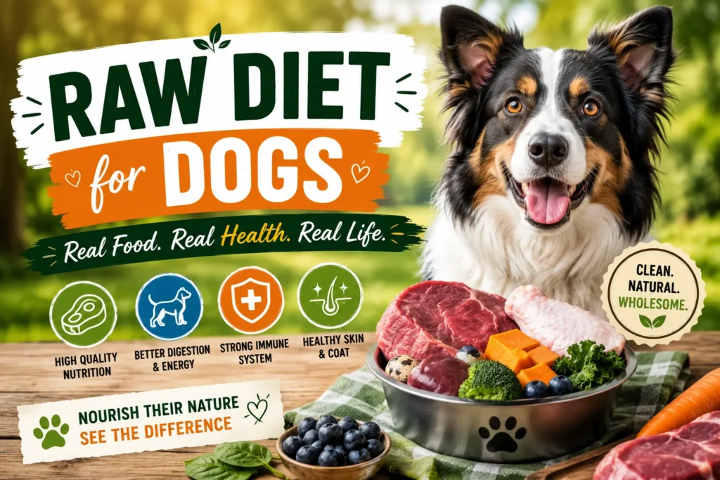 Raw Diet for Dogs Benefits: A Vet-Reviewed Guide (2026) Happy dog beside a raw food bowl with meat and vegetables, promoting the benefits of a raw diet for dogs.