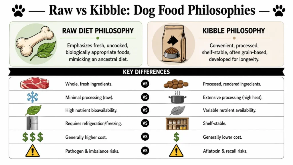 Raw Diet for Dogs Benefits: A Vet-Reviewed Guide (2026) Raw vs. kibble dog food comparison infographic showing ingredients, processing, nutrition, storage, cost, and risks.
