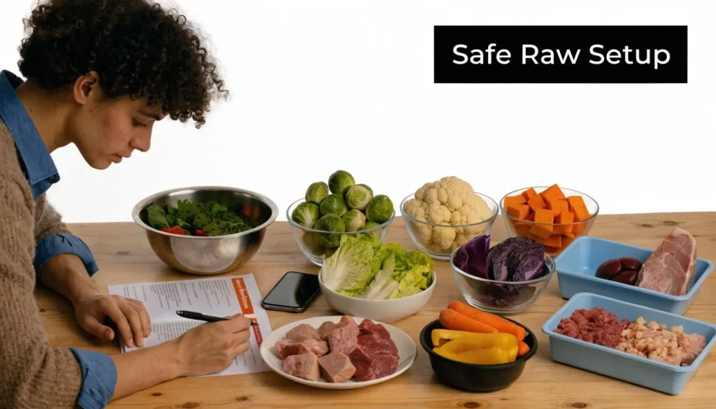 Raw Diet for Dogs Benefits: A Vet-Reviewed Guide (2026) Person preparing a balanced raw dog diet with meat, vegetables, and meal planning notes on a kitchen table.