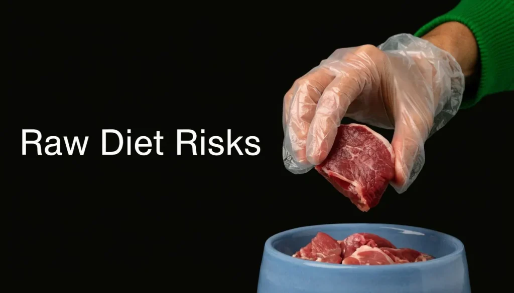 Raw Diet for Dogs Benefits: A Vet-Reviewed Guide (2026) Person wearing gloves placing raw meat into a dog bowl, illustrating raw dog diet preparation and safety concerns.