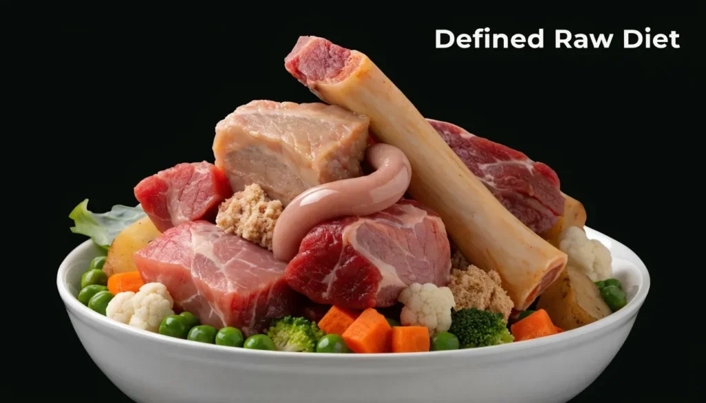 Raw Diet for Dogs Benefits: A Vet-Reviewed Guide (2026) Raw dog diet bowl with meat, bones, organ meat, and vegetables, illustrating a balanced BARF-style meal.