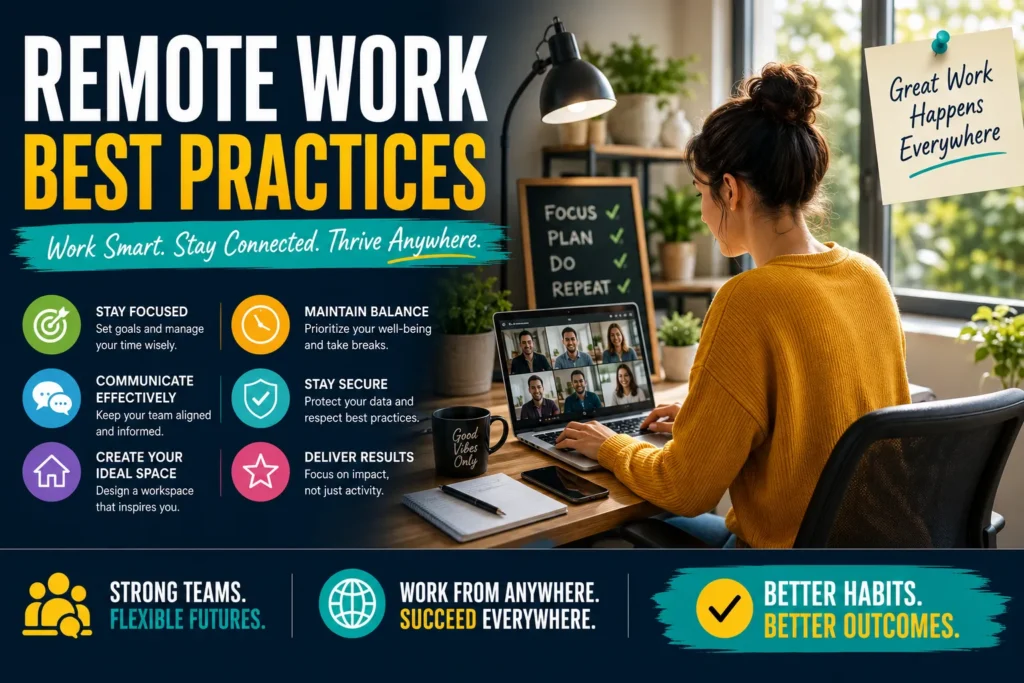 Professional working remotely from a home office with video calls, productivity tips, and remote work best practices.