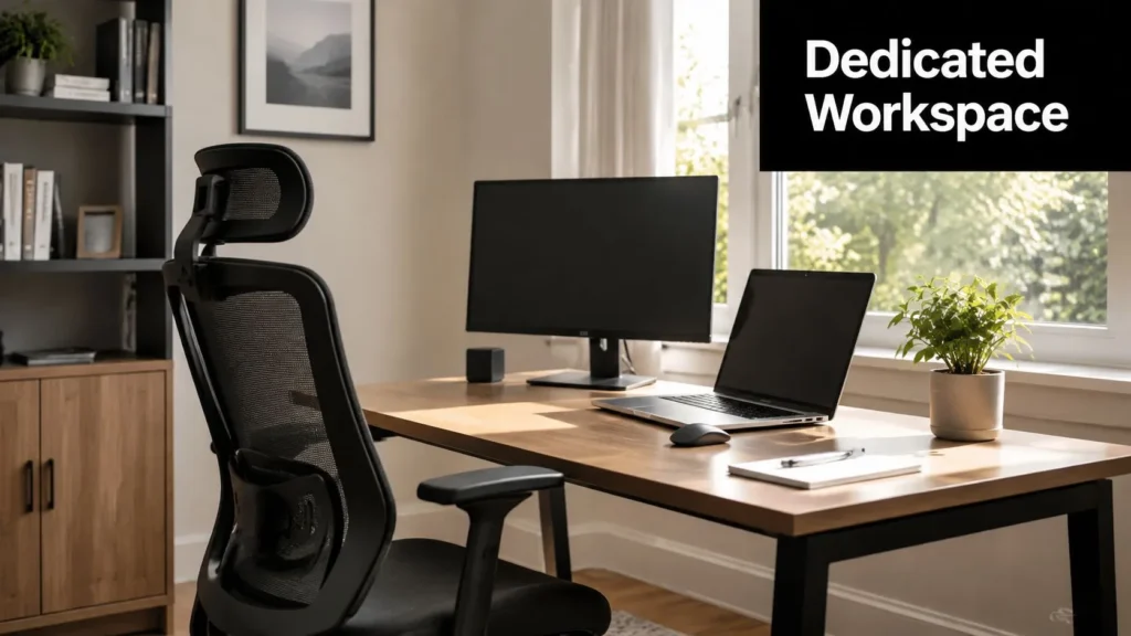 10 Remote Work Best Practices for 2026 Dedicated home office with ergonomic chair, desk, monitor, laptop, and natural light from a large window.