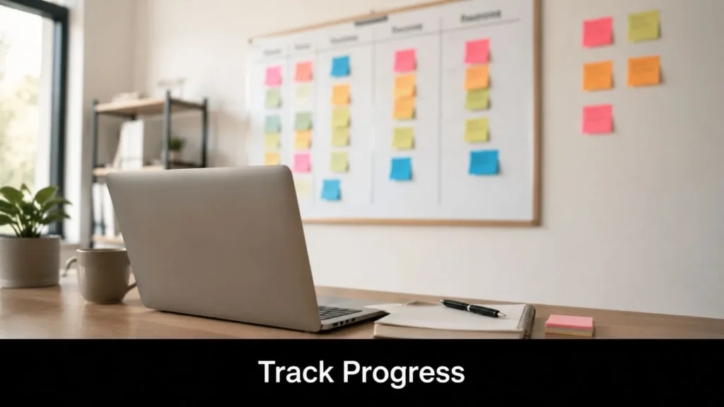 10 Remote Work Best Practices for 2026 Laptop on a desk with notebook and sticky notes, tracking project progress on a planning board in the background.