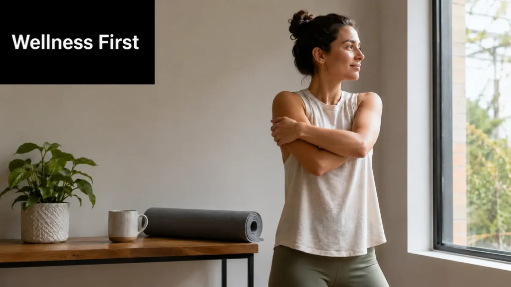 10 Remote Work Best Practices for 2026 Person stretching shoulders beside a yoga mat and coffee mug, promoting wellness and healthy work-life balance.