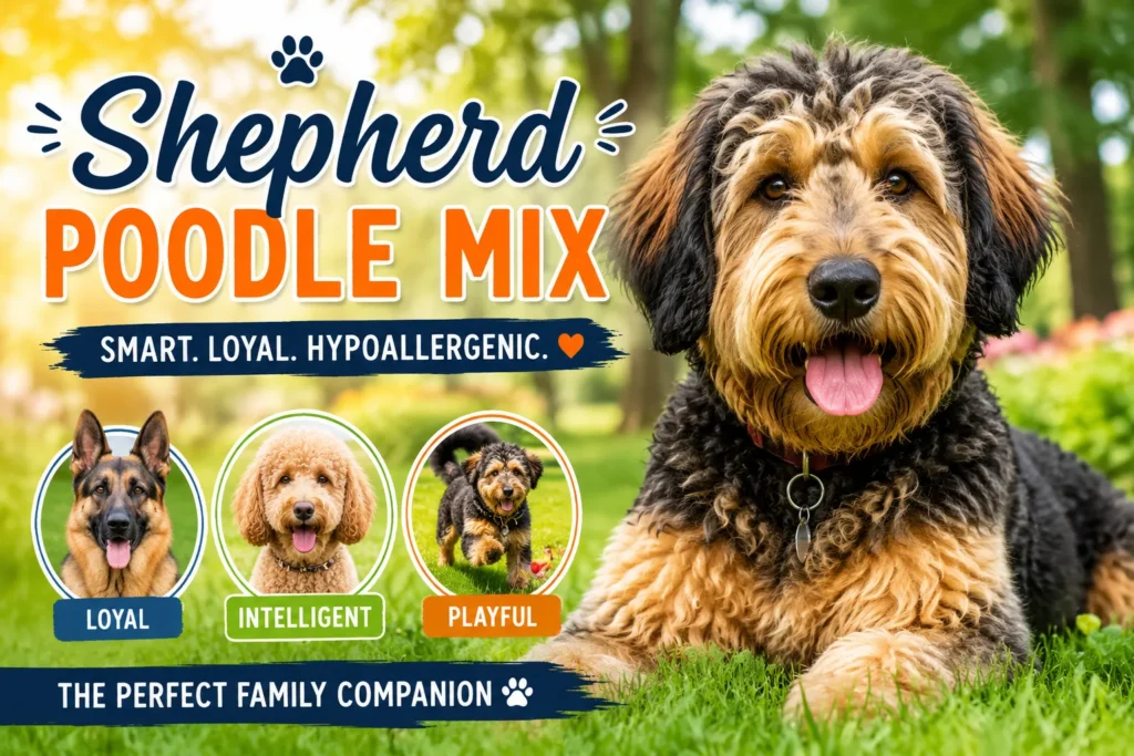 Shepherd Poodle Mix: The Ultimate Owner's Guide Shepherd Poodle Mix dog lying on grass with curly coat, highlighting loyal, intelligent, and playful traits.