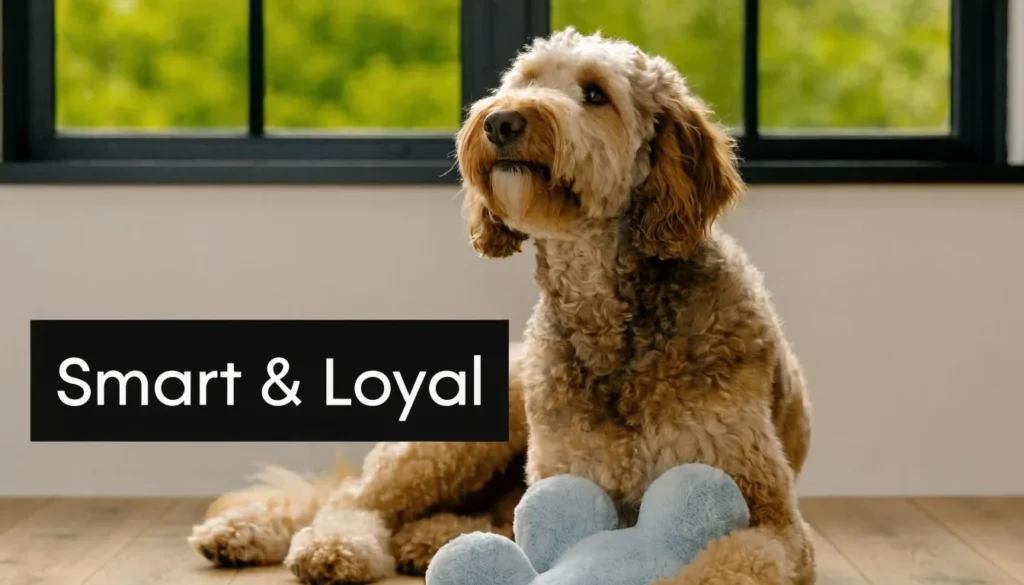 Shepadoodle sitting indoors with a plush toy, showcasing its curly coat, intelligence, and loyal temperament.