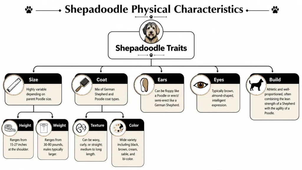 Shepadoodle physical characteristics chart showing size, coat, ears, eyes, build, height, weight, texture, and color traits.
