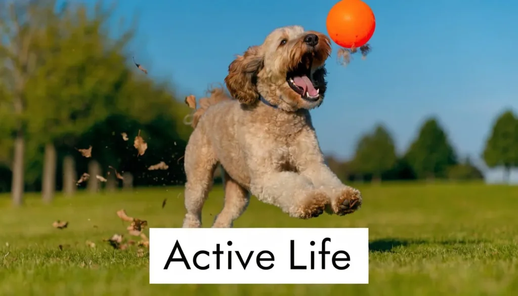 Shepadoodle running across a grassy field, leaping to catch a bright orange ball during outdoor play.