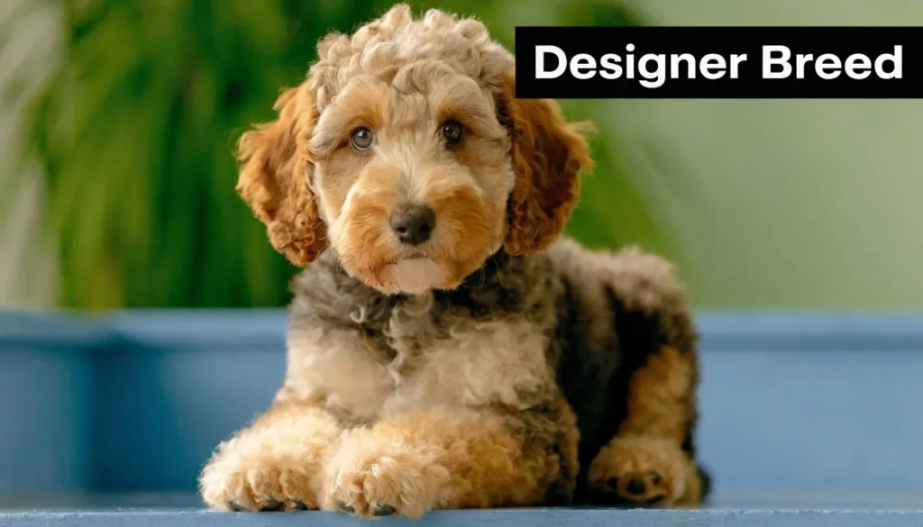 Curly-coated Shepherd Poodle mix puppy lying indoors with fluffy tan, black, and cream fur and expressive eyes.