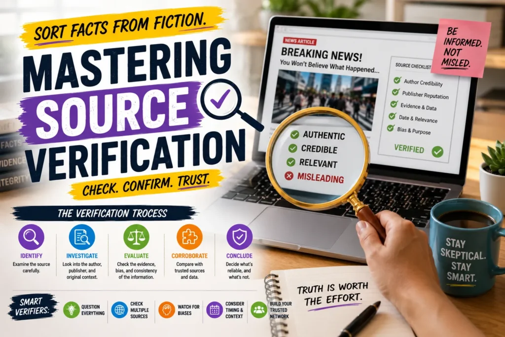Person verifying news sources with a magnifying glass, fact-checking information, credibility, and media literacy.