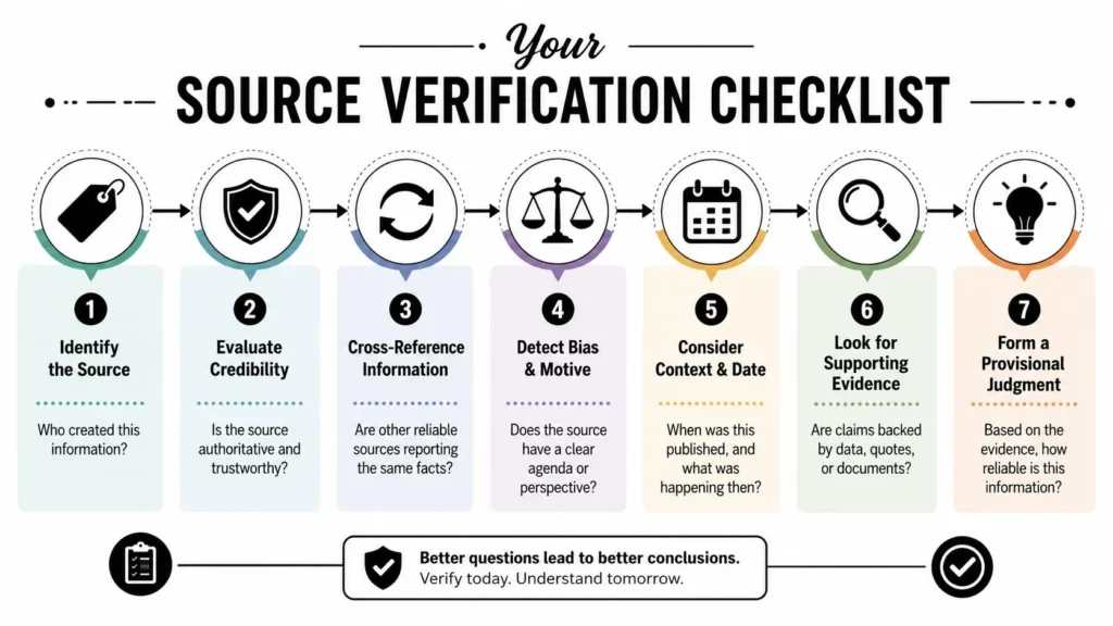Mastering Source Verification: Your 2026 Guide Infographic outlining a seven-step source verification checklist: identify, evaluate, cross-reference, detect bias, check context, seek evidence, and judge reliability.