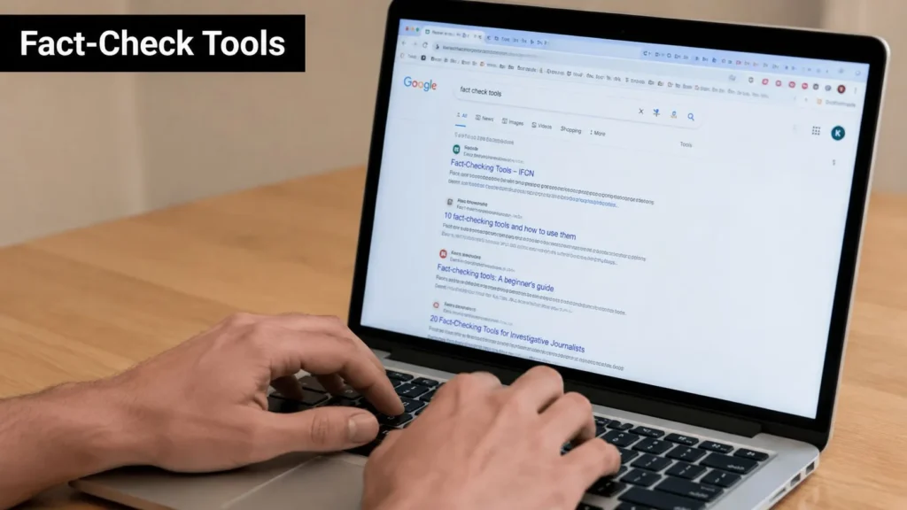 Mastering Source Verification: Your 2026 Guide Person using a laptop to search fact-checking tools online, highlighting digital verification and research practices.