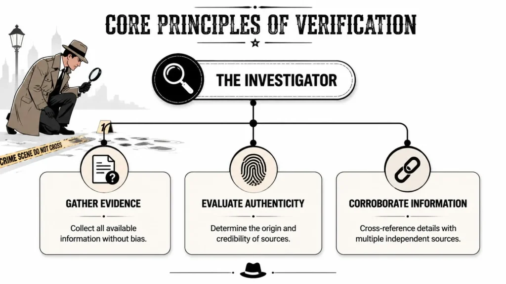 Mastering Source Verification: Your 2026 Guide Infographic illustrating source verification principles: gather evidence, evaluate authenticity, and corroborate information with independent sources.