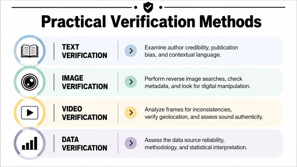 Mastering Source Verification: Your 2026 Guide Infographic outlining practical verification methods for text, image, video, and data source authentication.