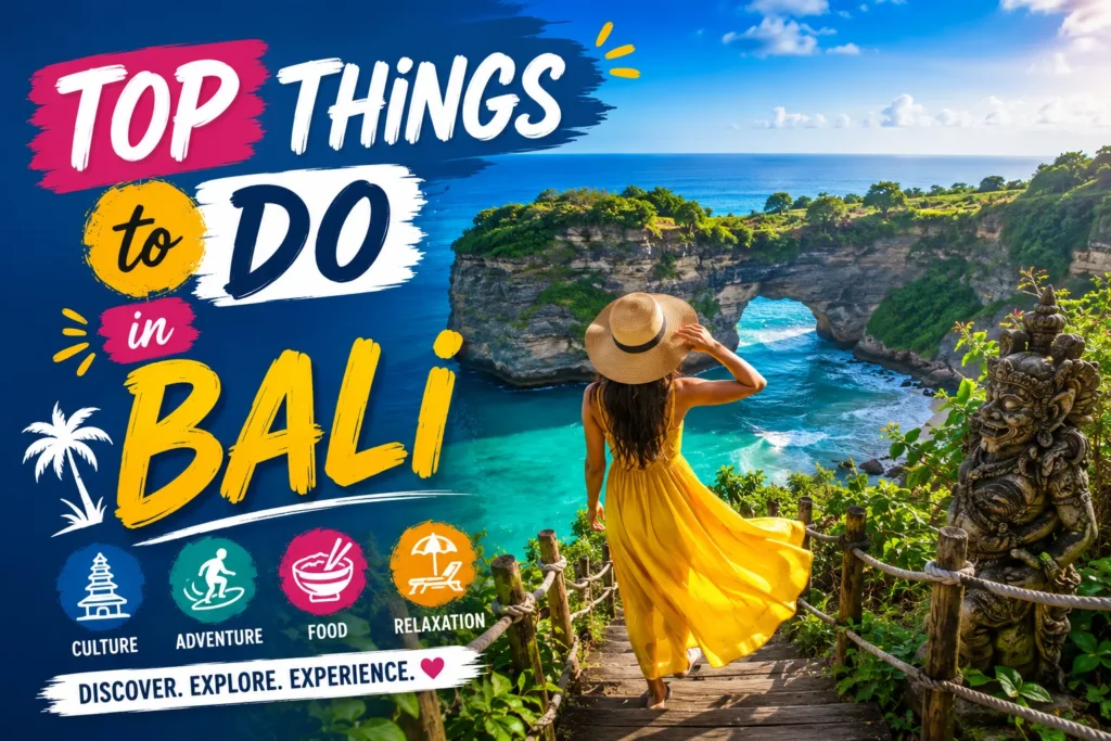 Woman overlooking Bali's coastal cliffs and turquoise waters, highlighting top things to do in Bali and island adventures.