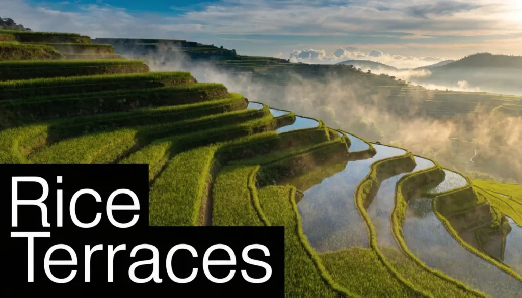 Bali rice terraces at sunrise with mist-covered hills and reflective water-filled paddies in a scenic landscape.
