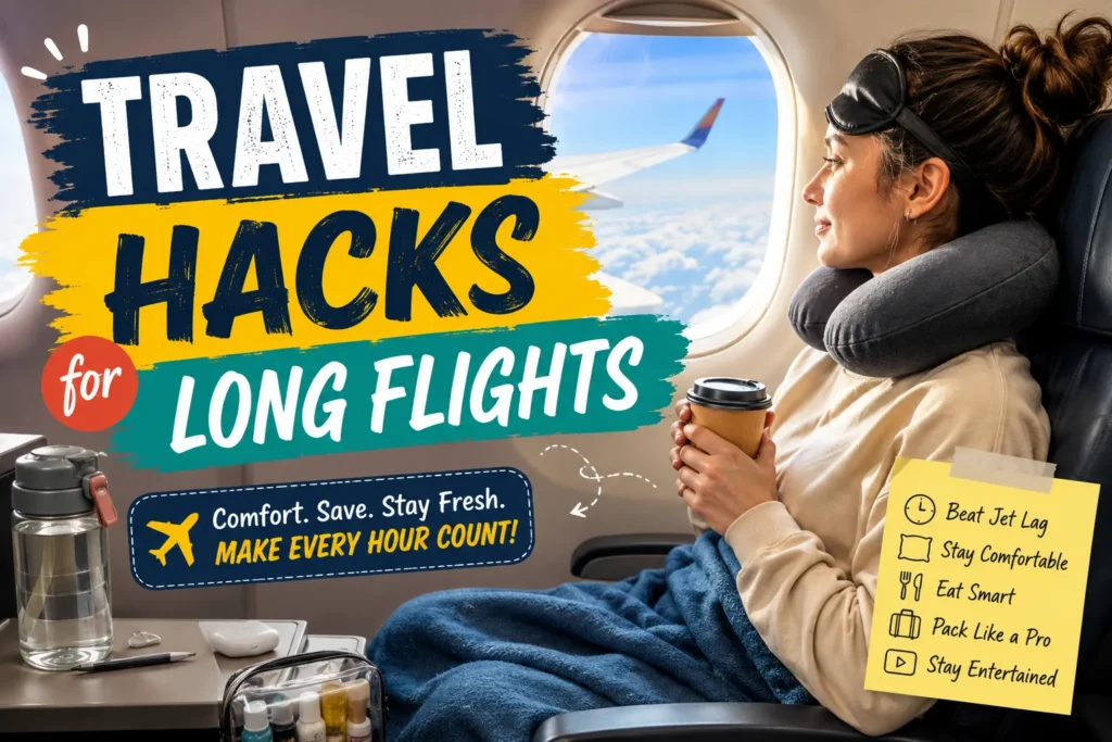 Traveler relaxing on a long-haul flight with neck pillow and coffee, featuring colorful travel hacks and jet lag tips.