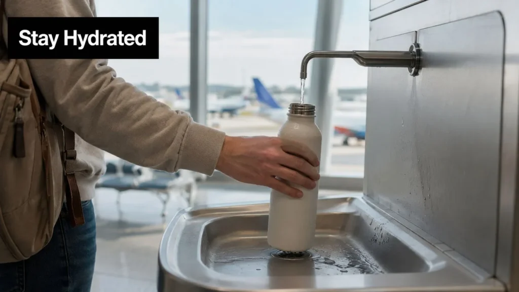 8 Travel Hacks for Long Flights for 2026 Traveler refilling a reusable water bottle at an airport station to stay hydrated before a long flight.