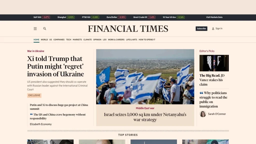 Financial Times homepage featuring global news, market data, top stories, and international business coverage.