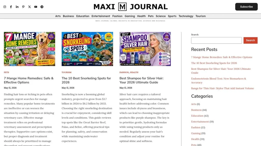 Maxi Journal homepage displaying featured articles, categories, recent posts, and navigation for science, health, and business.