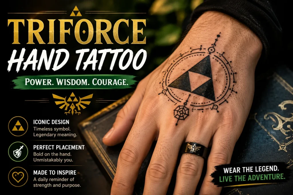 Close-up of a hand with a Triforce-inspired tattoo, showcasing geometric artwork and fantasy-themed symbolism.