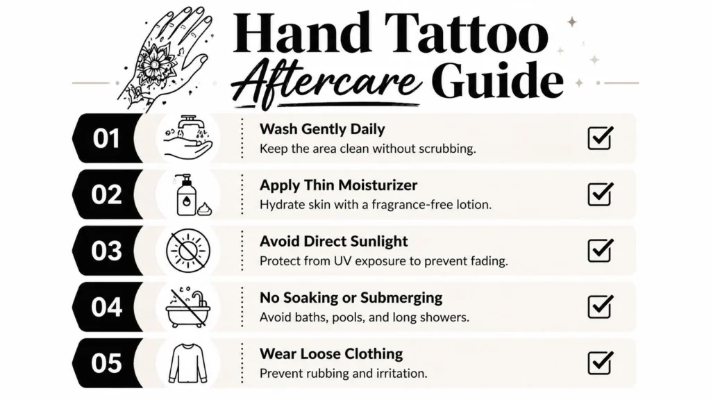 Triforce Hand Tattoo: A Gamer's Guide to a Bold Icon Hand tattoo aftercare checklist showing washing, moisturizing, sun protection, avoiding soaking, and loose clothing.