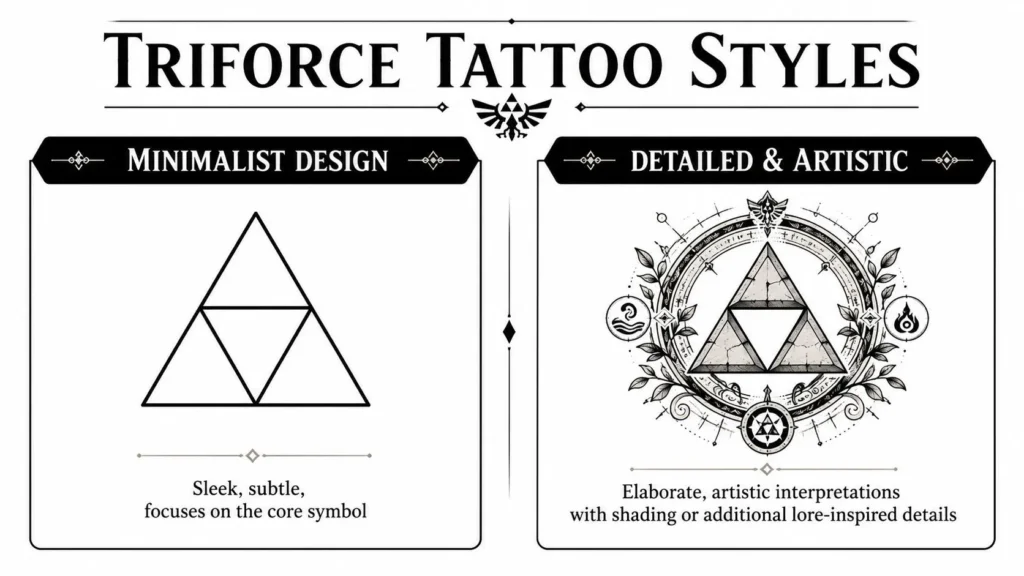 Triforce Hand Tattoo: A Gamer's Guide to a Bold Icon Infographic comparing minimalist and detailed triangle symbol tattoo styles, from simple lines to ornate artwork.
