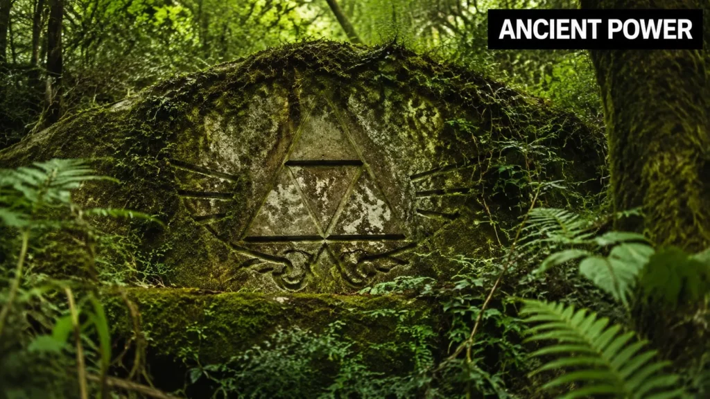 Triforce Hand Tattoo: A Gamer's Guide to a Bold Icon Moss-covered stone monument with a triangular symbol hidden in a lush forest, evoking mystery and ancient power.