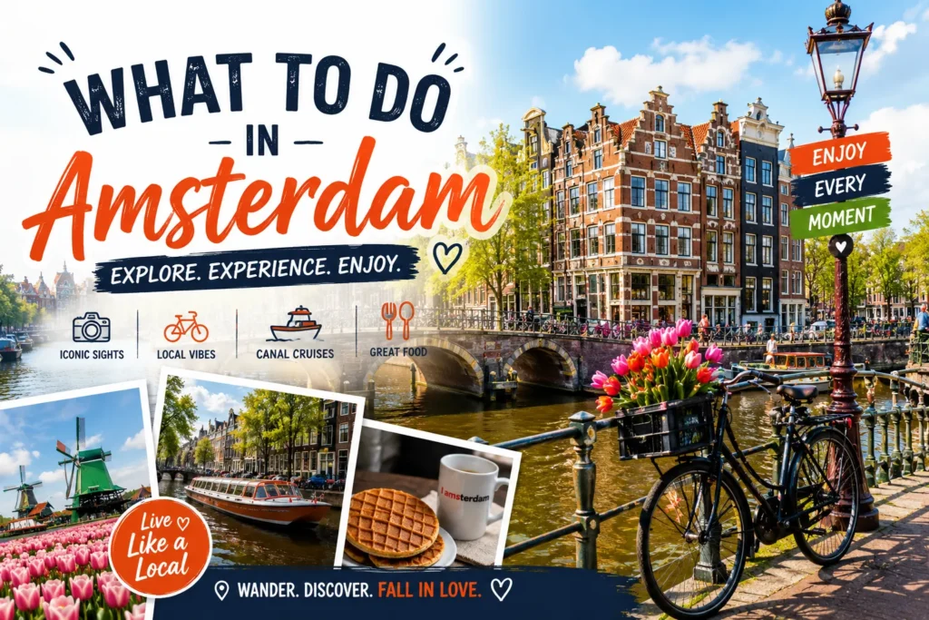 Colorful Amsterdam travel poster with canals, bicycles, tulips, windmills, canal cruise, and local food highlights.