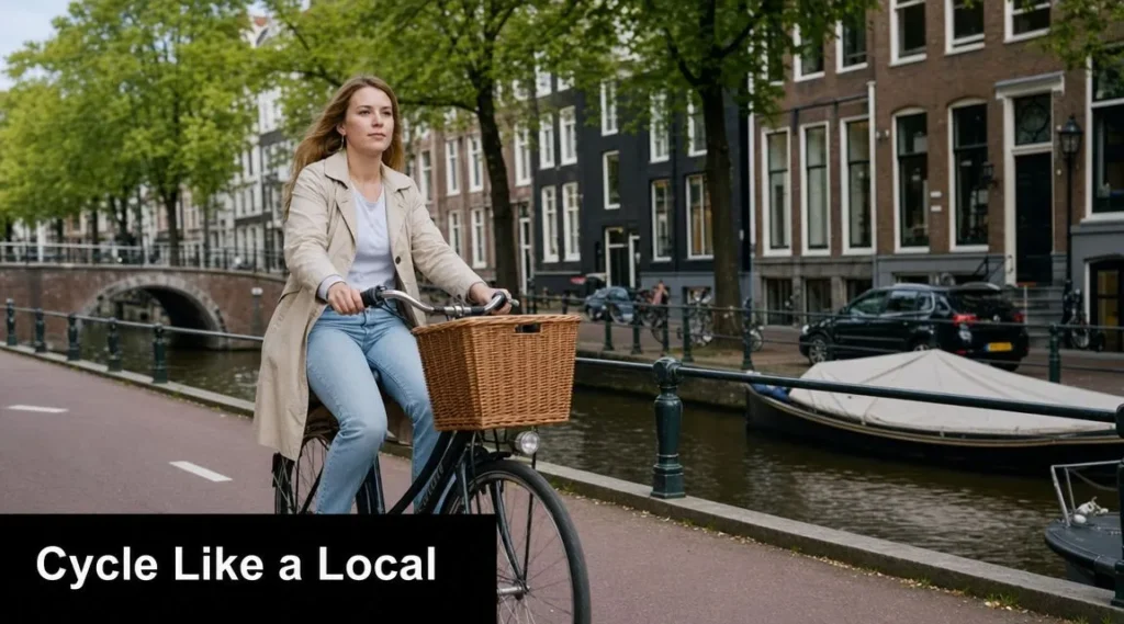 What to Do in Amsterdam: 10 Unmissable Experiences Person cycling along an Amsterdam canal with historic buildings, boats, and trees, showcasing local city travel.