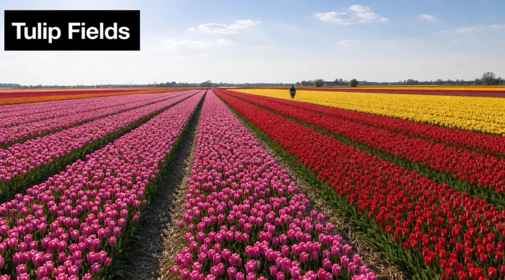What to Do in Amsterdam: 10 Unmissable Experiences Colorful Dutch tulip fields in bloom with vibrant rows of pink, red, and yellow flowers stretching to the horizon.