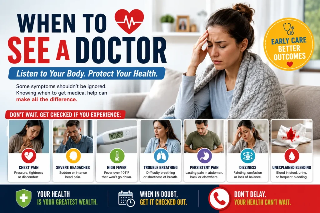 Medical infographic showing warning symptoms like chest pain, fever, dizziness, and breathing trouble that need a doctor.