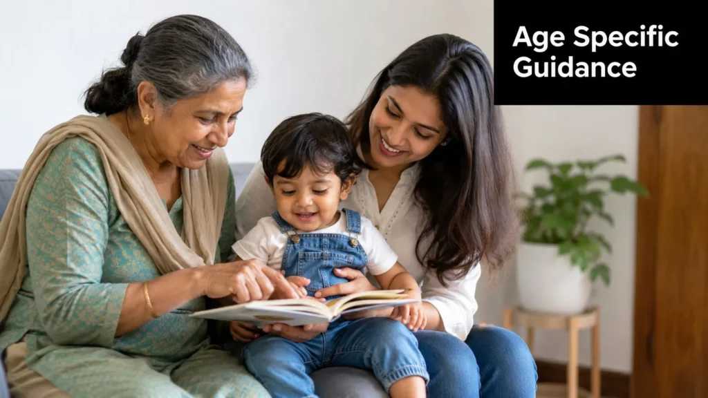 Grandparent and parent reading a book with a toddler, illustrating age-specific care and family guidance.
