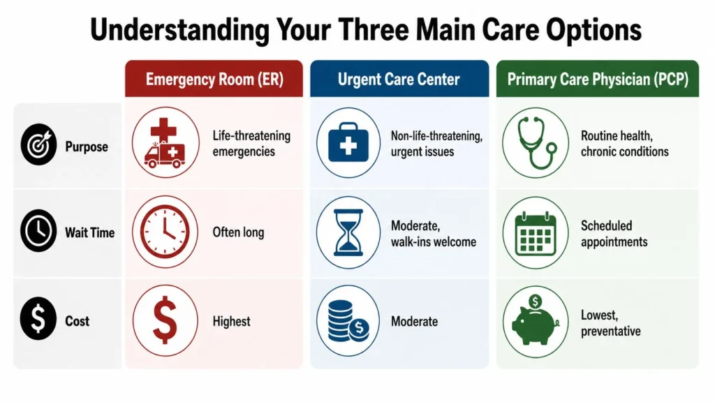 Comparison chart showing ER, urgent care, and primary care options by purpose, wait time, and cost.