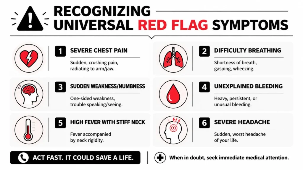 Infographic of emergency warning signs including chest pain, breathing difficulty, numbness, bleeding, fever, and headache.