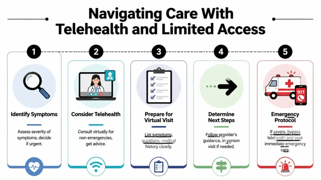 Telehealth care infographic showing steps to assess symptoms, prepare for virtual visits, and handle emergencies.