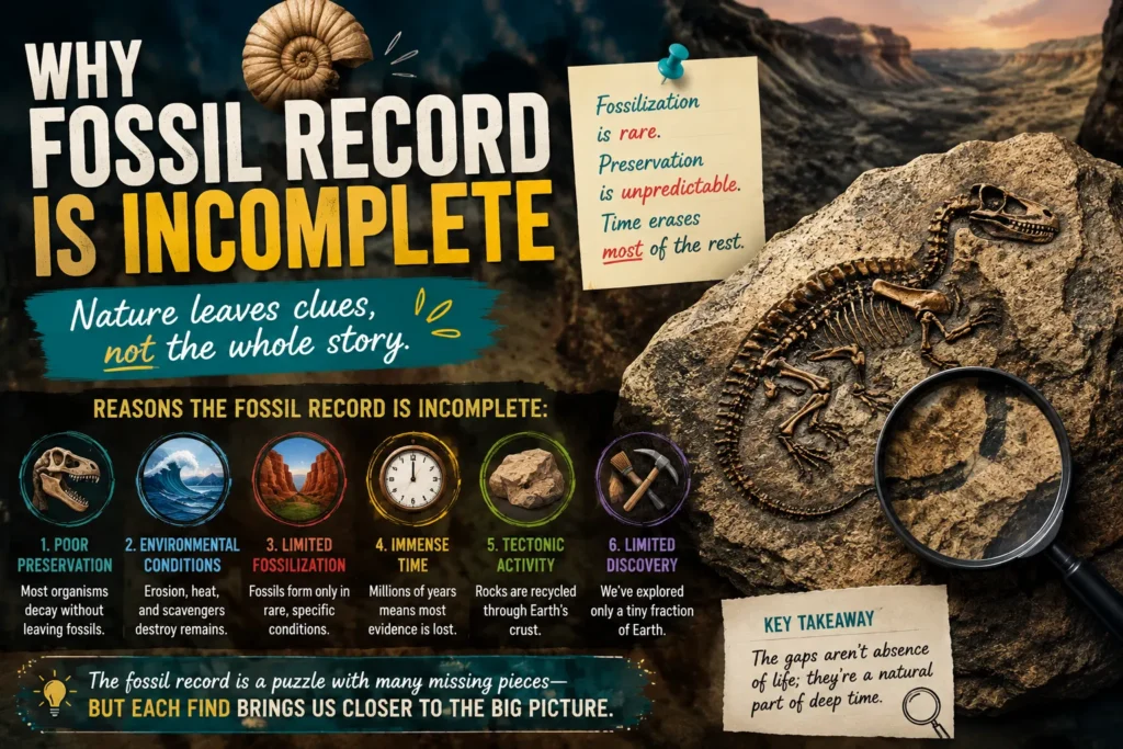 Dinosaur fossil in rock with magnifying glass, explaining why the fossil record is incomplete and full of gaps.