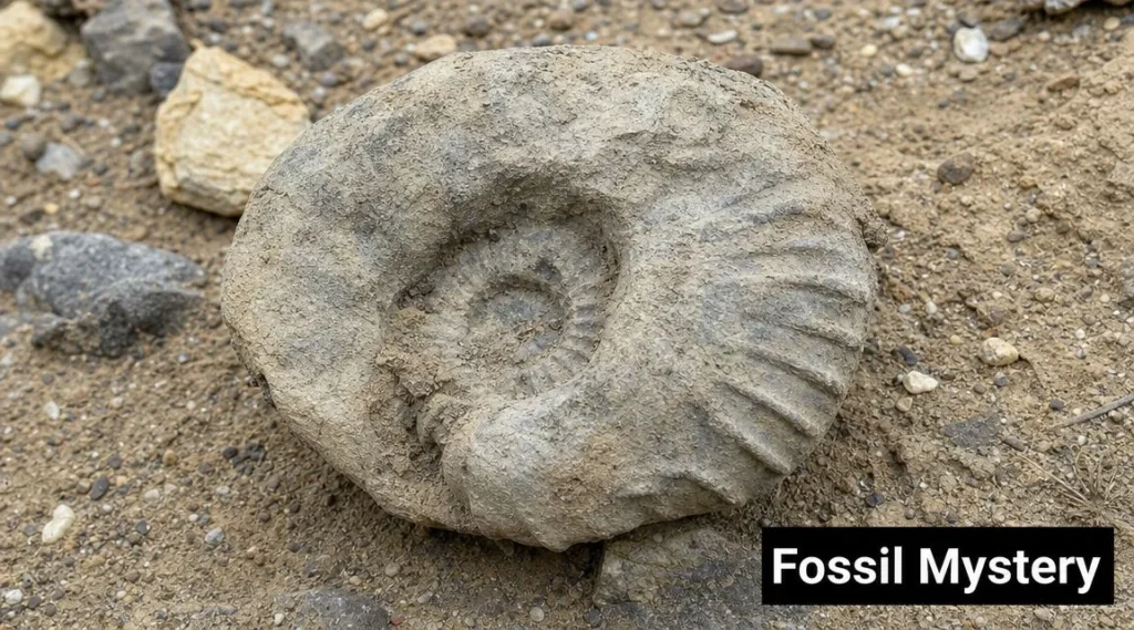 Why Fossil Record Is Incomplete: Decode Earth's Past Ammonite fossil embedded in rocky ground, highlighting the challenges and gaps in the fossil record.