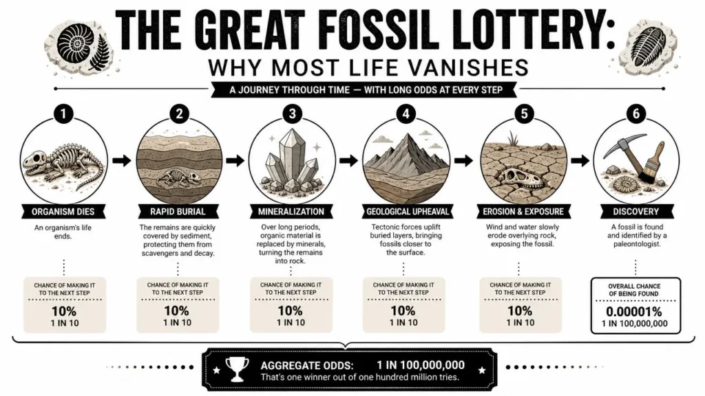 Why Fossil Record Is Incomplete: Decode Earth's Past Infographic showing the fossilization process from death to discovery, highlighting the rare odds of fossil preservation.