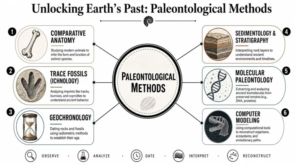 Why Fossil Record Is Incomplete: Decode Earth's Past Infographic outlining paleontological methods, including fossil dating, trace fossils, stratigraphy, DNA analysis, and modeling.