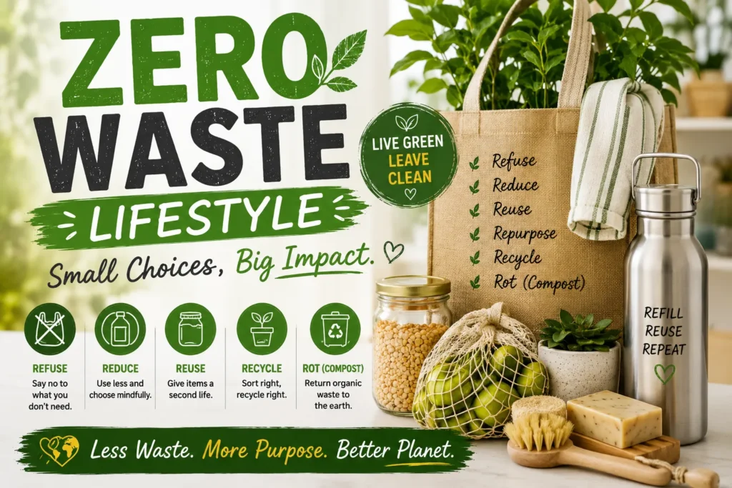 Zero waste lifestyle essentials with reusable bags, refillable bottle, eco-friendly products, and sustainability tips.