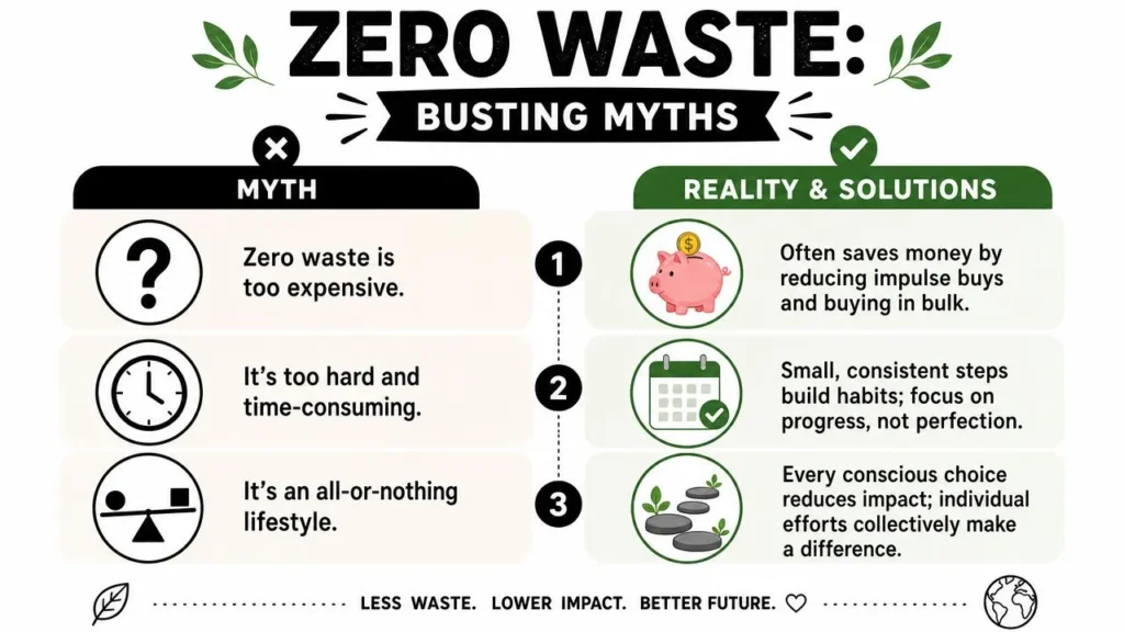 Infographic debunking zero-waste myths, showing practical solutions for cost, effort, and sustainable habits.
