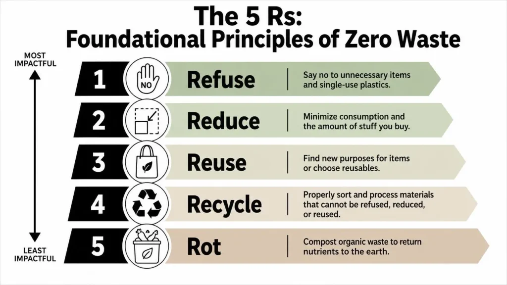Infographic showing the 5 Rs of zero waste: Refuse, Reduce, Reuse, Recycle, and Rot, ranked by impact.