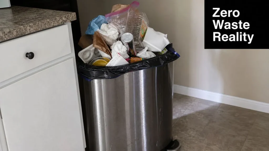Overflowing kitchen trash can filled with disposable packaging and waste, illustrating challenges of a zero-waste lifestyle.