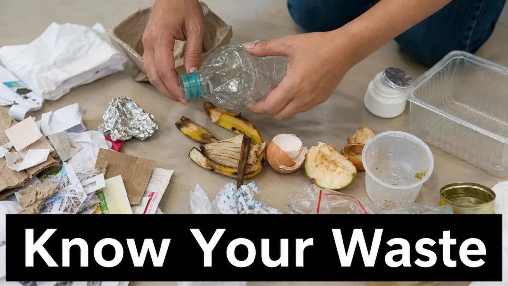 Person sorting recyclables and food scraps, highlighting waste separation for recycling and composting.