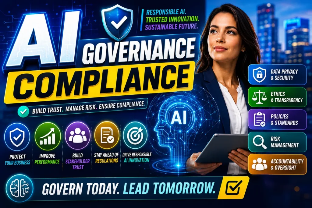 AI governance compliance thumbnail featuring responsible AI, data privacy, ethics, risk management, policies, and accountability.