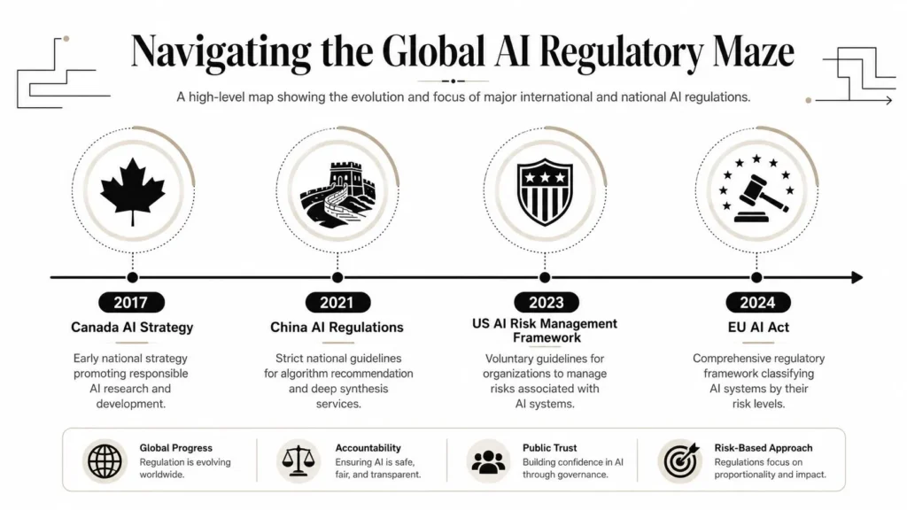 Timeline infographic of global AI regulations 2017-2024: Canada, China, US, and EU AI Act milestones.
