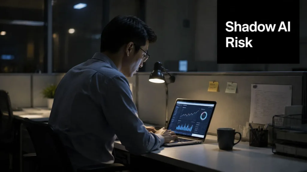 Man working alone at a laptop with data dashboards in a dim office cubicle at night.